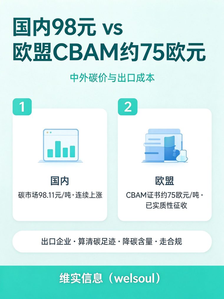 国内98元/吨 vs 欧盟CBAM约75欧元：中外碳价与出口成本